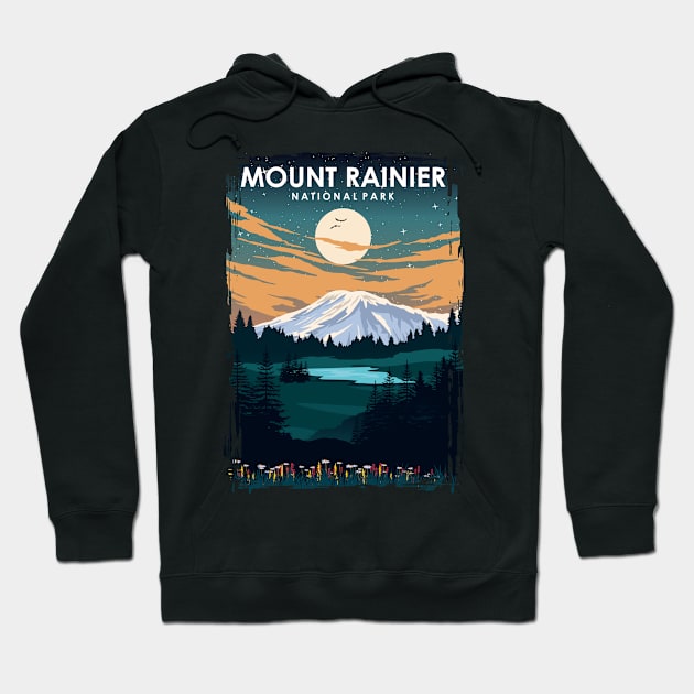 Mount Rainier National Park Vintage Minimal Retro Travel Poster at Night Hoodie by jornvanhezik